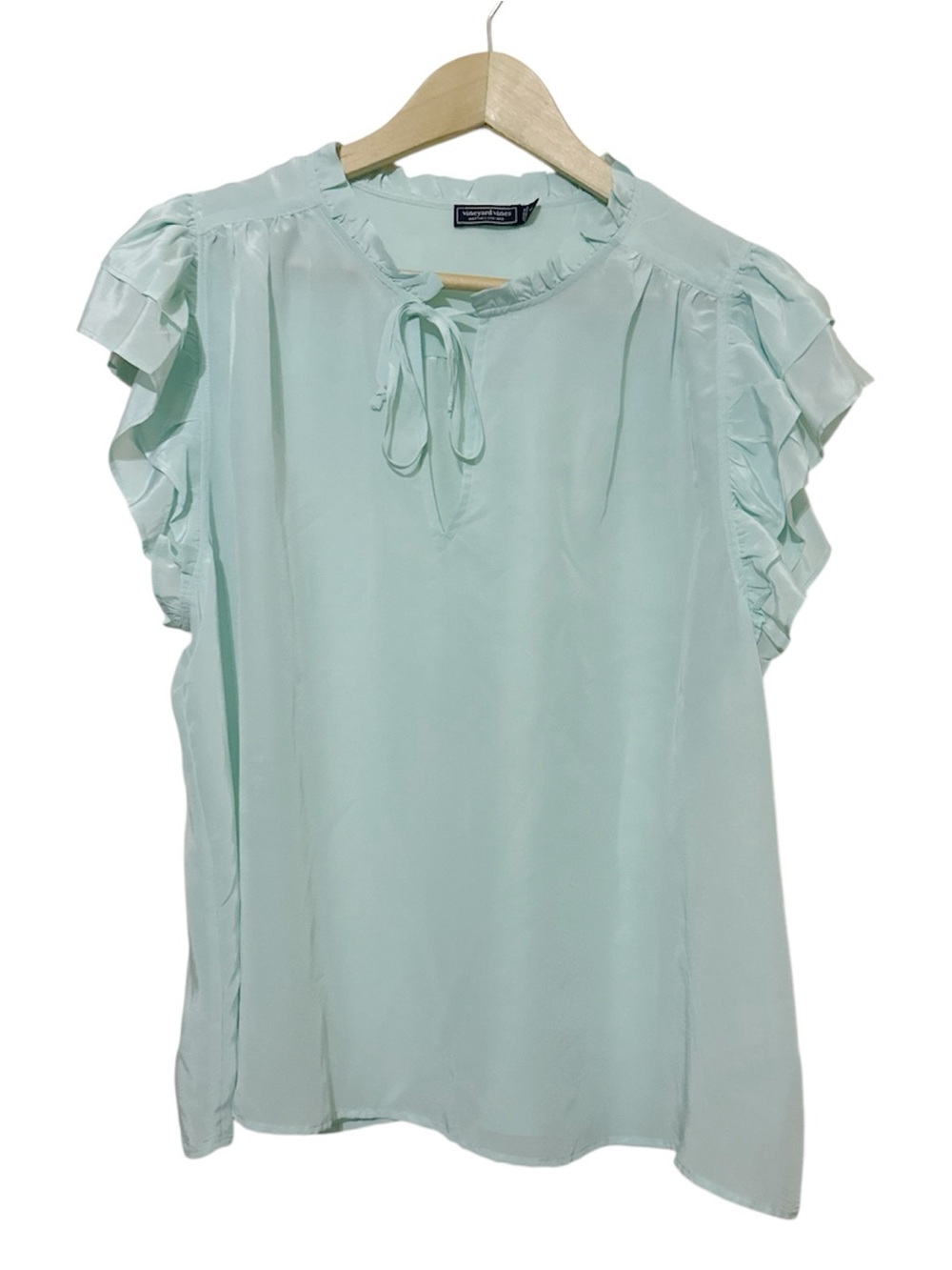 Vineyard Vines Women’s Double Ruffle Sleeve Top Blouse Bleached Aqua  NWT XL - Picture 2 of 7